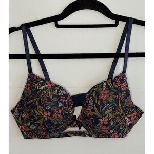 Daisy Fuentes T-Shirt Plunge Bra 36B Blue With Floral Pattern Fast Shipping‎